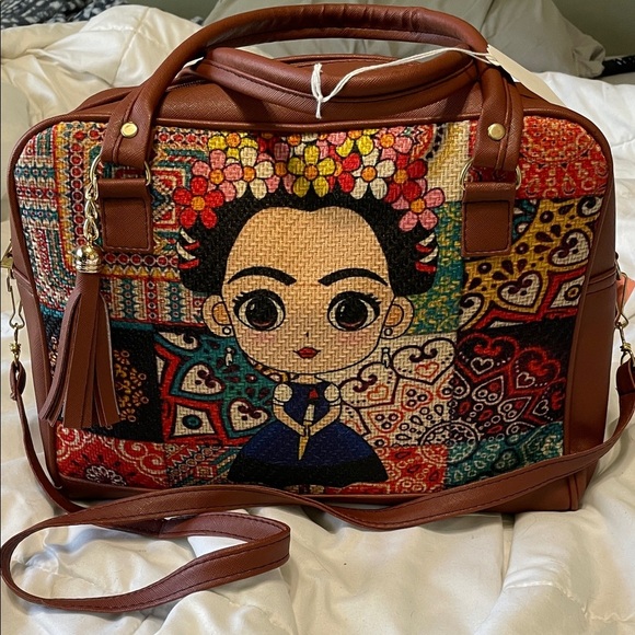 NWT Frida Kahlo Brown Embroidered Colorful Patterned Women's Faux Leather Bag - Picture 1 of 8
